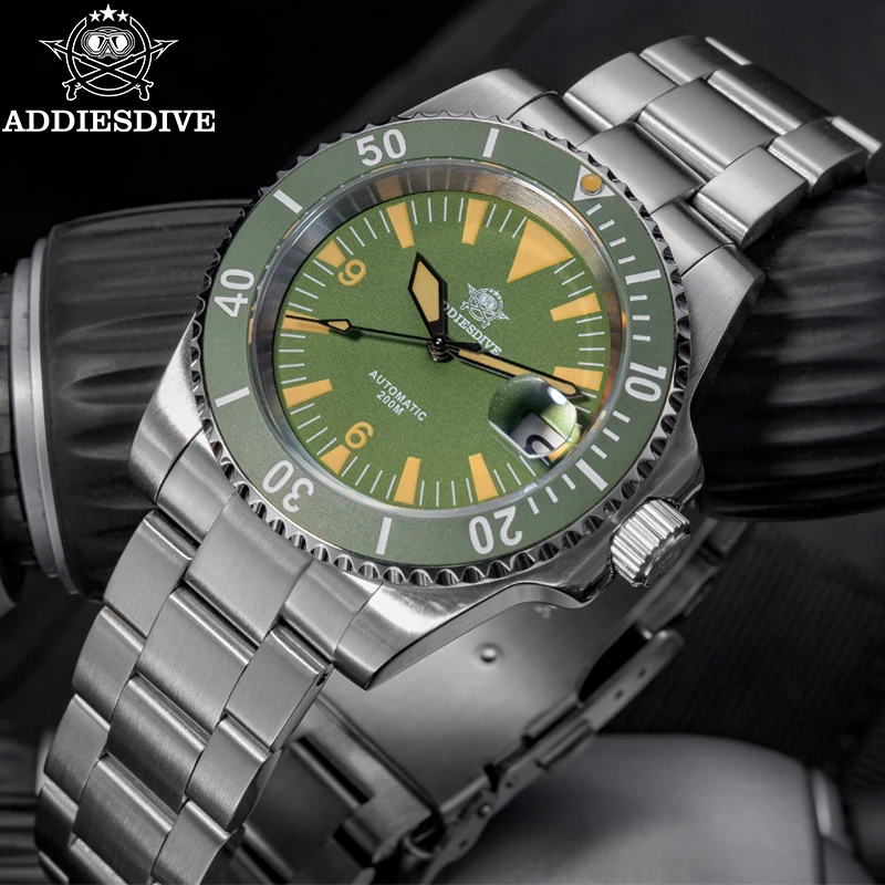 ADDIESDIVE-Reloj de buceo AD2064 para hombre, pulsera mecánica automática de lujo, cristal de zafiro, 200m, relojes luminosos de acero inoxidable