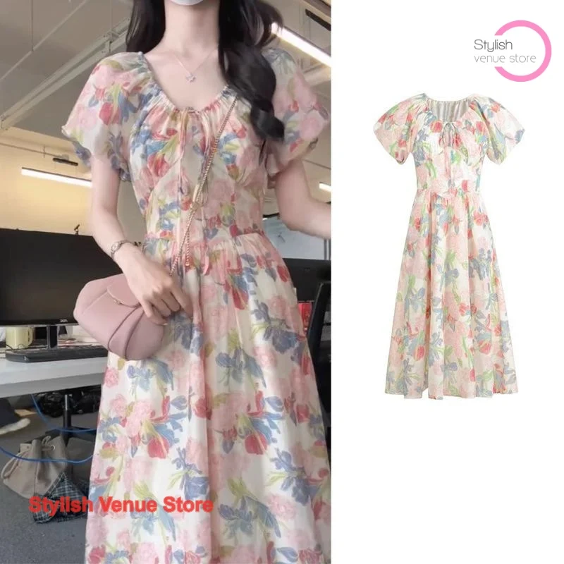 

French advanced sense Hepburn wind retro first love floral dress female summer new sweet temperament bubble sleeve waist dress