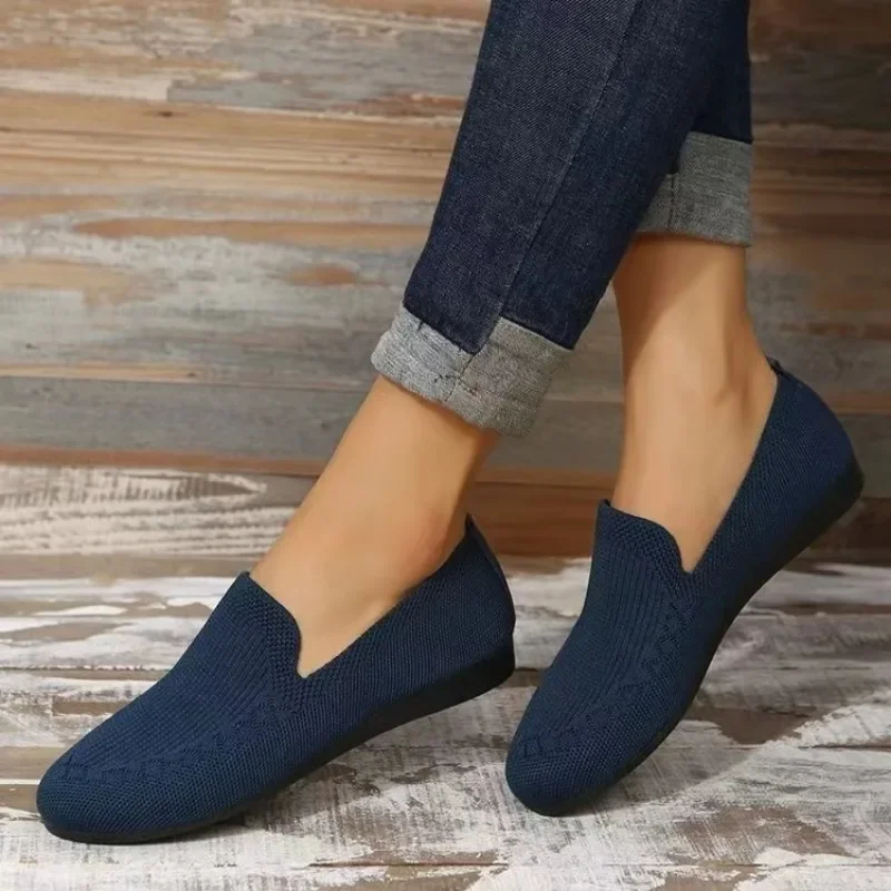 Mocassins deslizantes rasos femininos, sapatos de malha casual, respirável, tamanho grande, simples, cor sólida, novo, outono, 2022