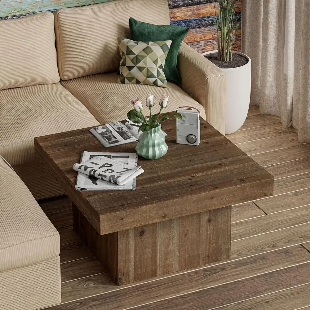 

Rustic Modern Farmhouse Coffee Table, Distressed Wood Square with Cube Base for Home, Living Spaces