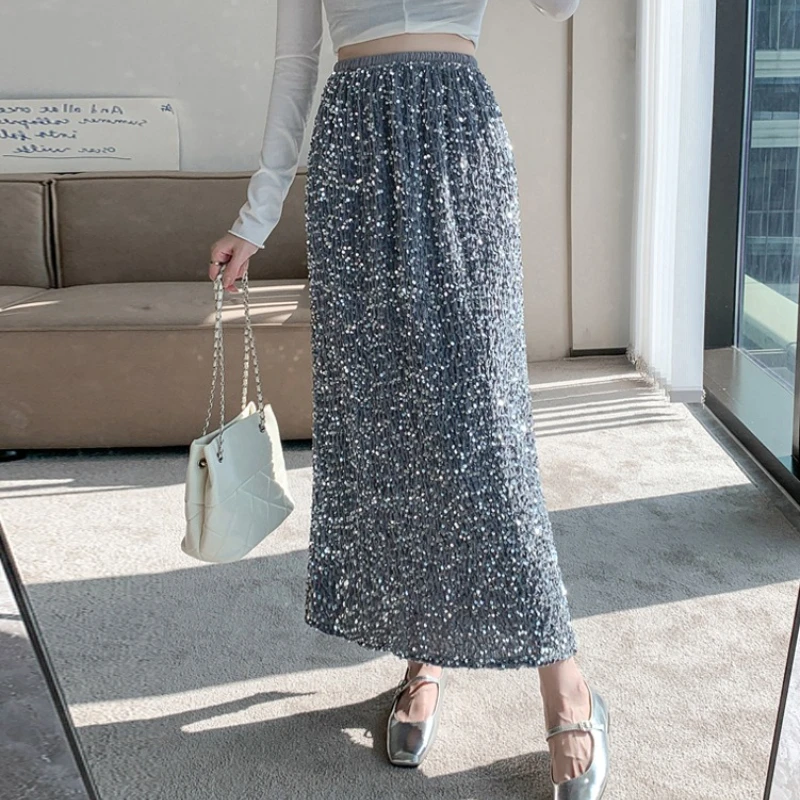 

Seoulish Vintage Sequined Midi Skirts for Women 2025 New Autumn Winter High Waist Straight Pencil Casual Skirts for Women