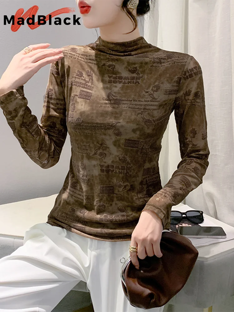

MadBlack European Clothes Tshirts Women Sexy Mock Neck Print Slim Flocking Top Long Sleeve Tees Autumn Winter New T39772JM