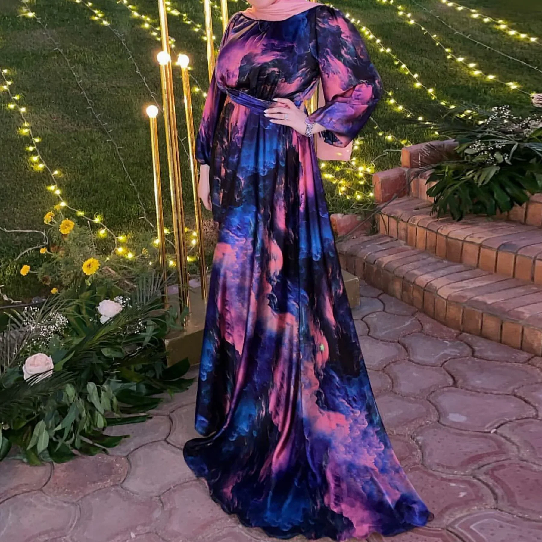 

Атласная Абая с принтом Ид, Дубай, роскошное мусульманское вечернее платье, африканские платья Джалабия для женщин, скромная исламская одежда, кафтан, халат