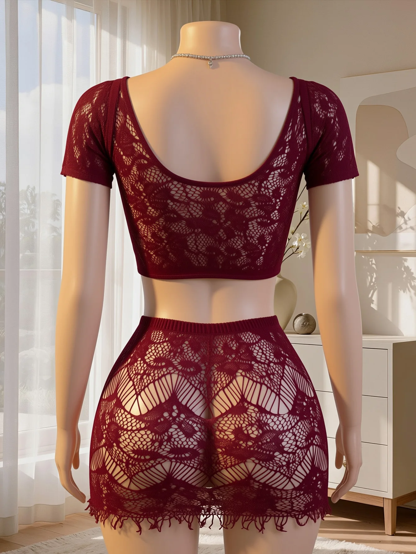 Women Short Sleeve Lace Set, Front Tie Crop Top & Sheer Mini Skirt for Date & Party (One size fits 88-132lbs)