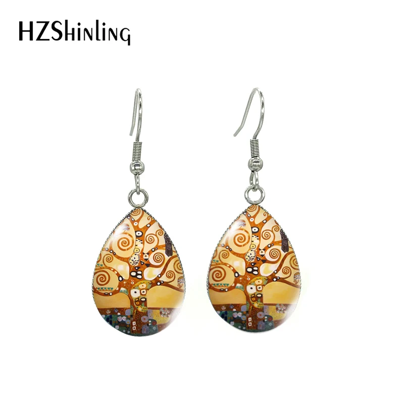 2020 New Gustav Klimt Kiss Painting Tear Drop Stainless Steel Earrings Golden Tears Mother and Baby Paintings Fish Hook Earrings