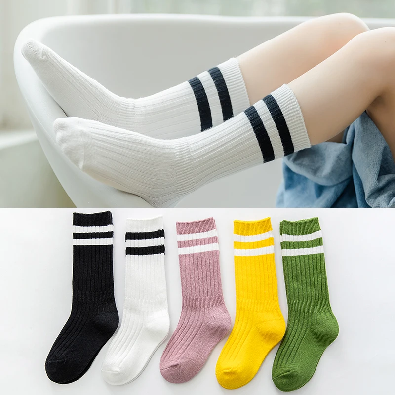 Chaussettes longues à rayures en coton doux pour enfants, chaussettes de sport pour enfants, chaussettes hautes pour tout-petits, chaussettes pour