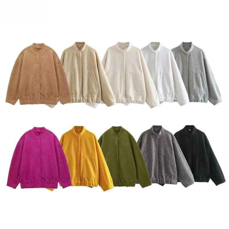 new Women Fashion with Pockets Oversized Bomber Jacket Coat Vintage Long Sleeve Snap Button Female Outerwear Chic Tops
