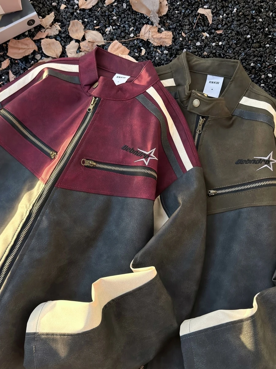 

Ретро-куртка в американском стиле из искусственной кожи с замшевым воротником, мужская свободная уличная куртка с цветными вставками, парная верхняя одежда