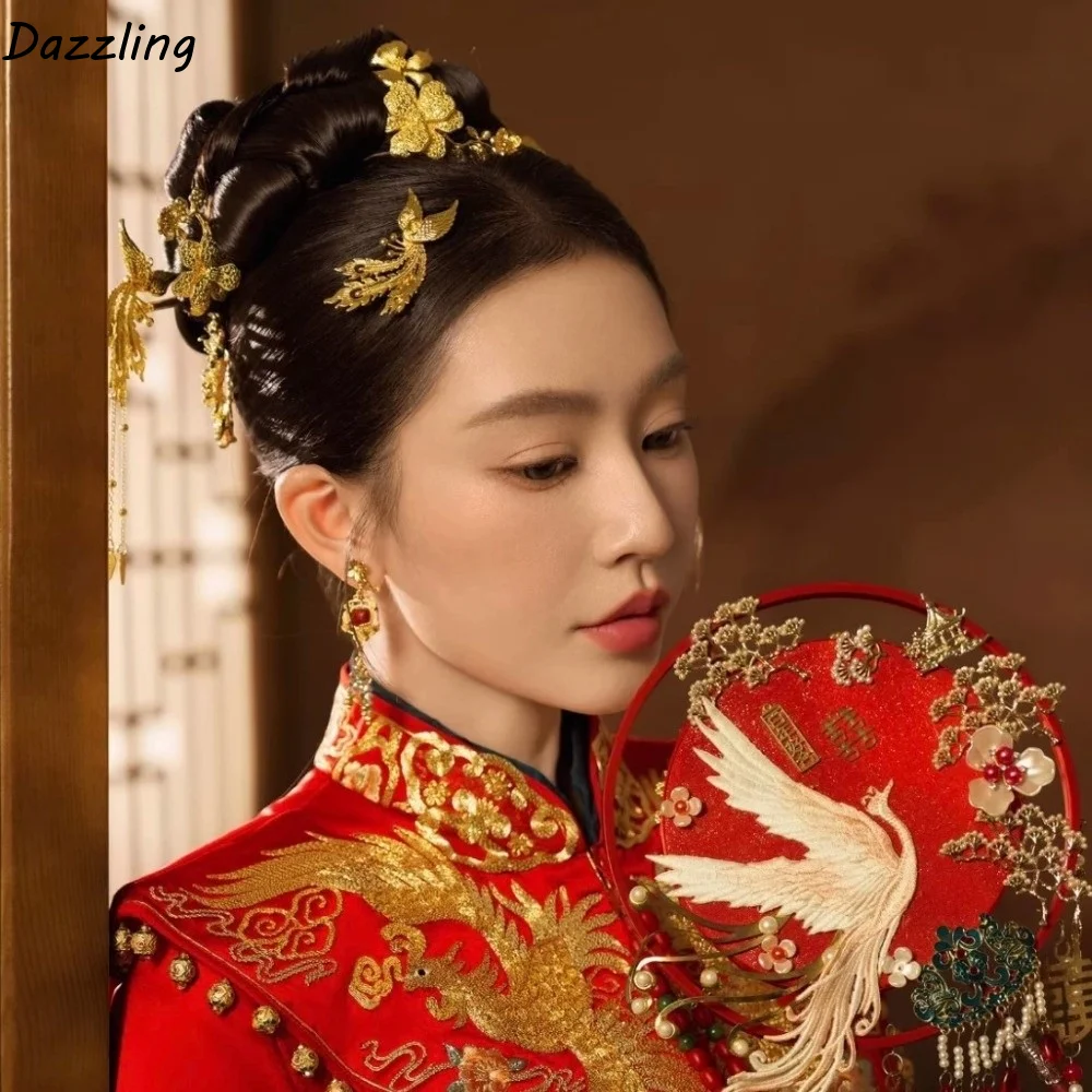 Retro Alloy Phoenix Hairpin Set Ancient Style Gold Tassel Hairpins New Chinese style Hair Stick Bridal Hair Ornament Wedding