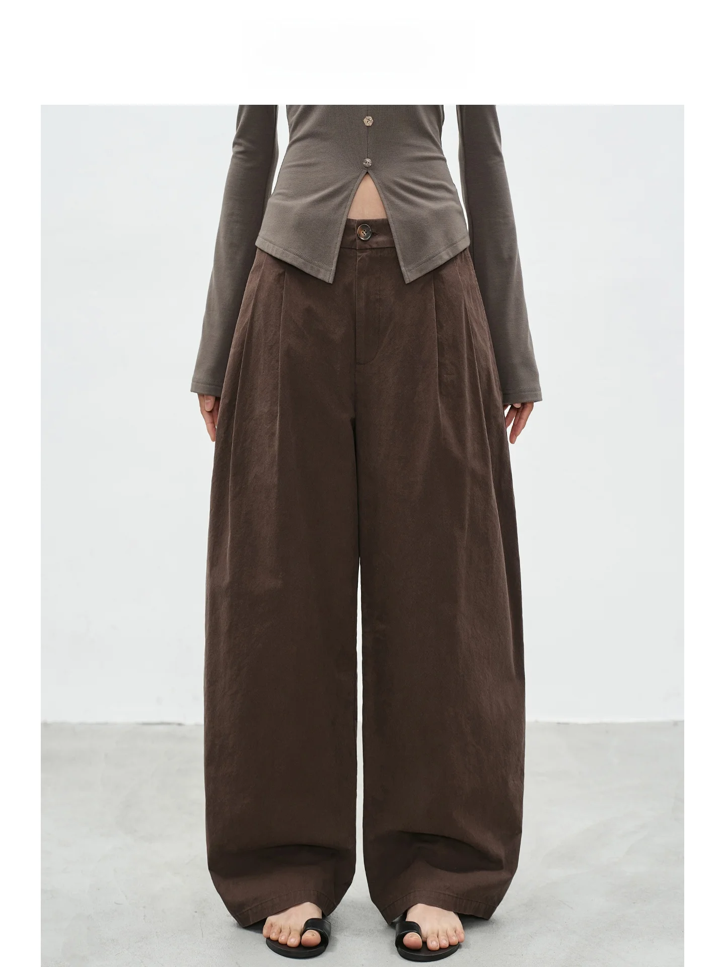 

EIGHTHMONTH High Waist Wide Leg Pants Women's Deep Brown Pleated Spring New Style Casual Straight Cut Trousers