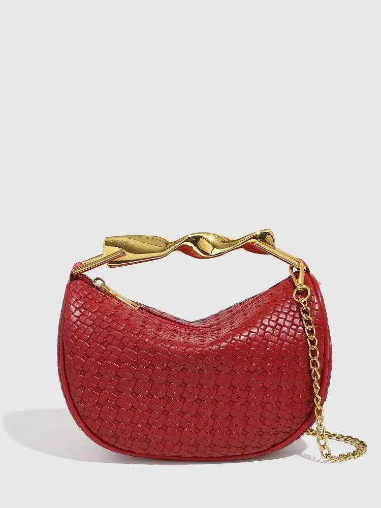 

Gold Handle Brand Handwoven Handbag Casual Fashion Bow Design Purse Exquisite High-End Leather Brown Zipper Shoulder Bags