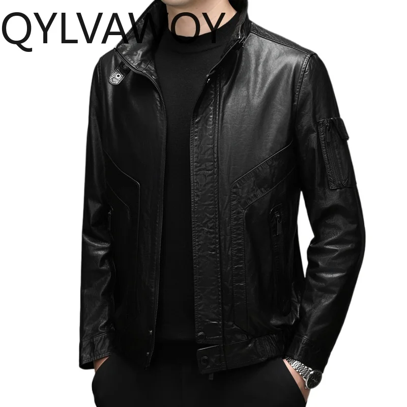QYLVAWOY Genuine Cow Leather Jacket Retro Style Casual Short Mens Coats Stand Collar Jackets New Spring Autumn Куртка Осенняя
