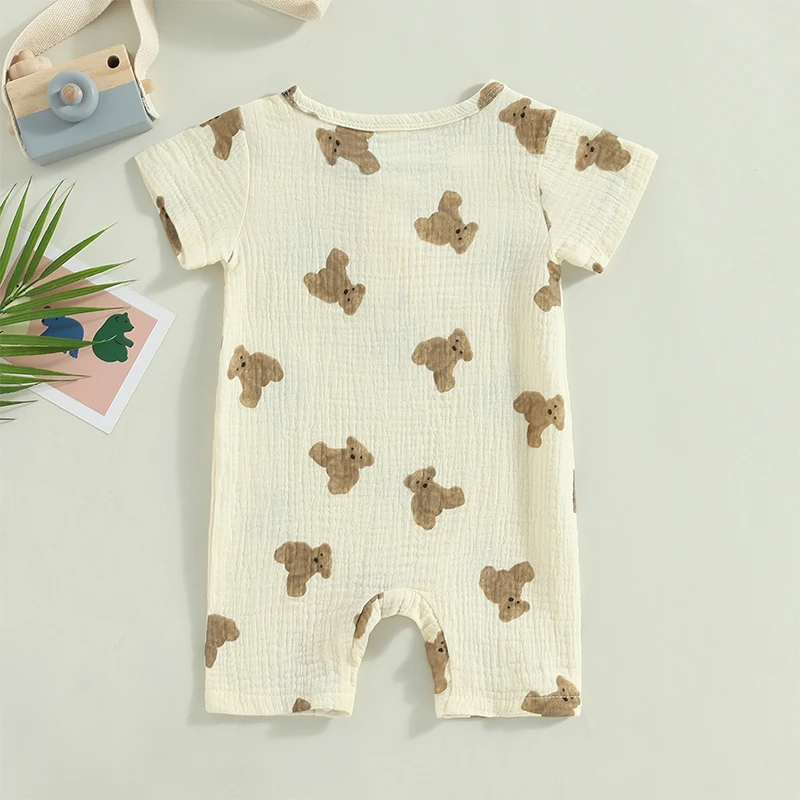 Baby Boy Girls Summer Jumpsuit Casual Bear Print Round Neck Short Sleeve Romper for Toddler Newborn