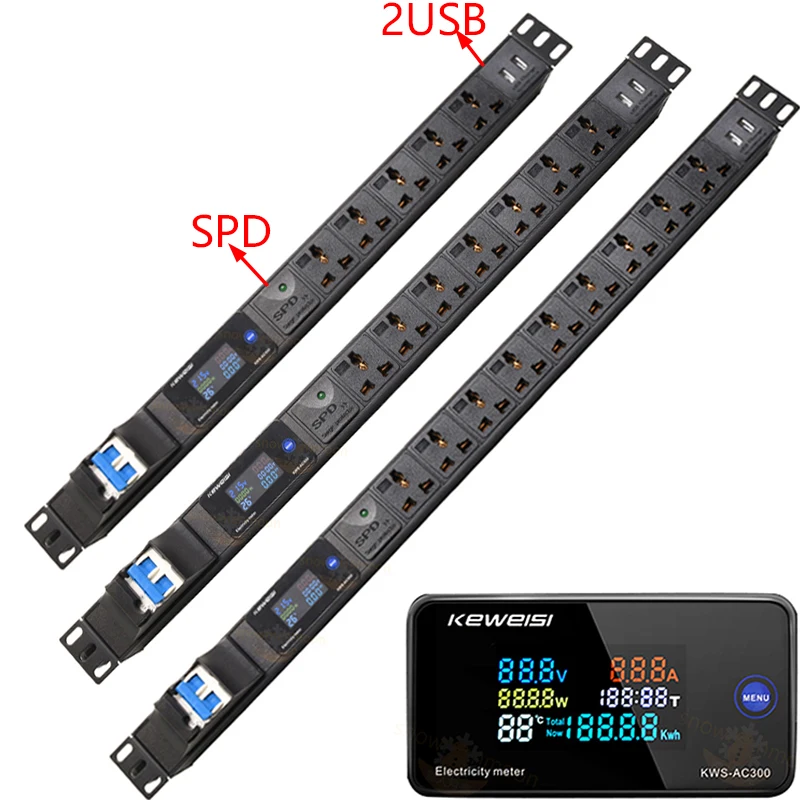 

Network cabinet PDU Power Strip Digital Voltmeter Ammeter Wattmeter 16A Air Switch 2-10Ways Universal Socket 2USB