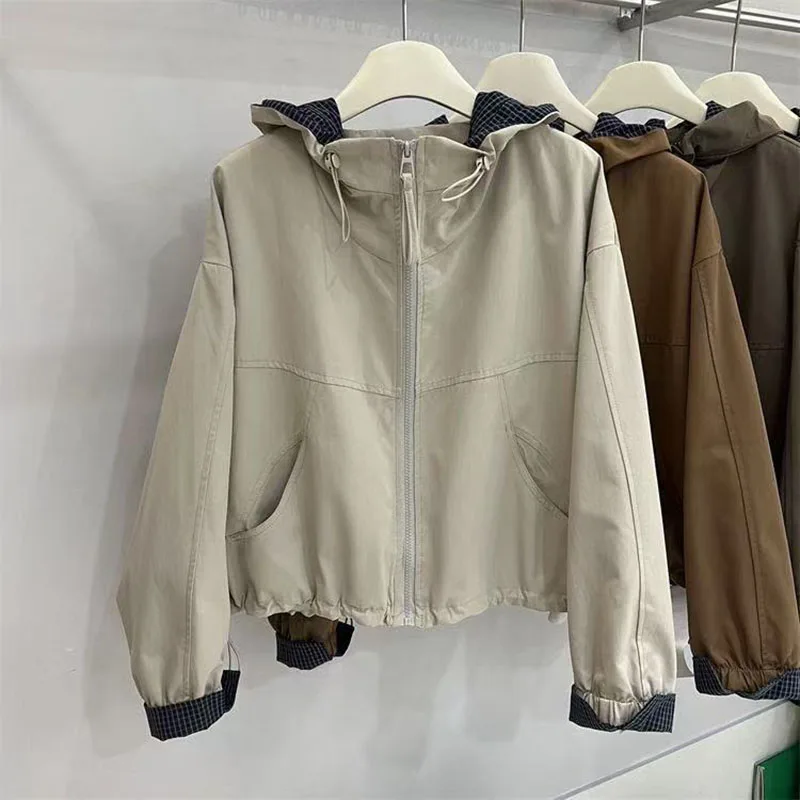 

2025 Autumn Trench Coat Women's Loose Chic Hooded Short Windbreaker Fashion Ladies Casual Outerwear Female Overcoat Tops