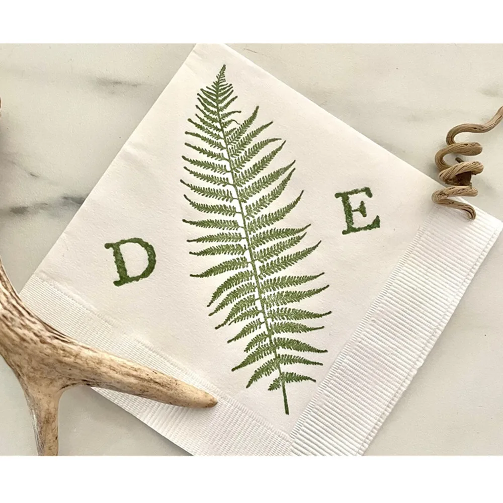 

50PCS Fern Frond Personalized Wedding White Cocktail Napkins with Large Couples Initials Woodsy Wedding Paper In Olive Green ink