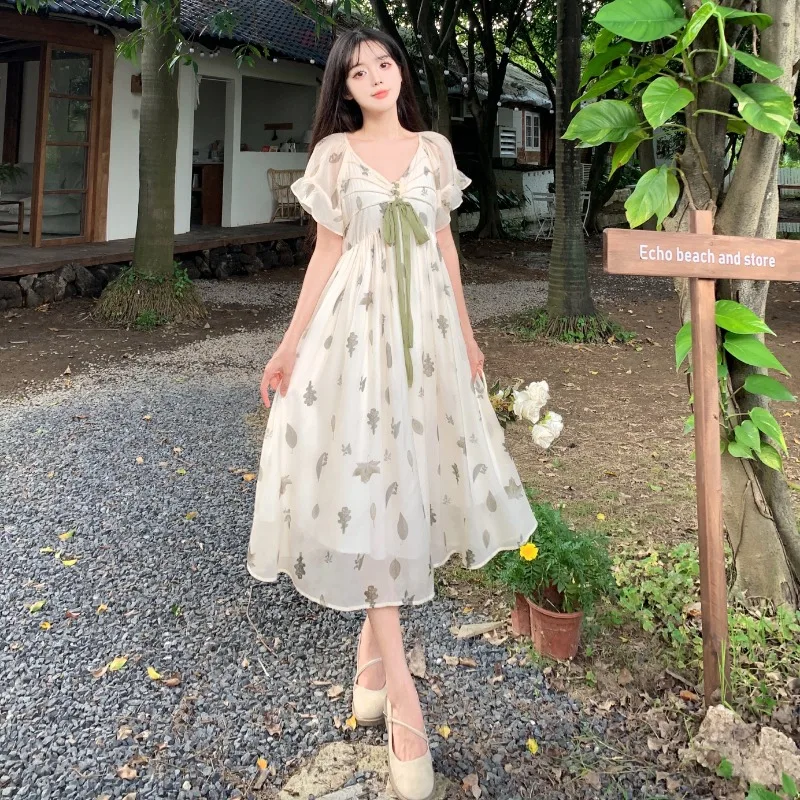 

French Printed Floral Dresses Women Bow Butterfly Sleeve V-neck High Waist A-line Summer Slim Thin Mori Girl Style Dress Female