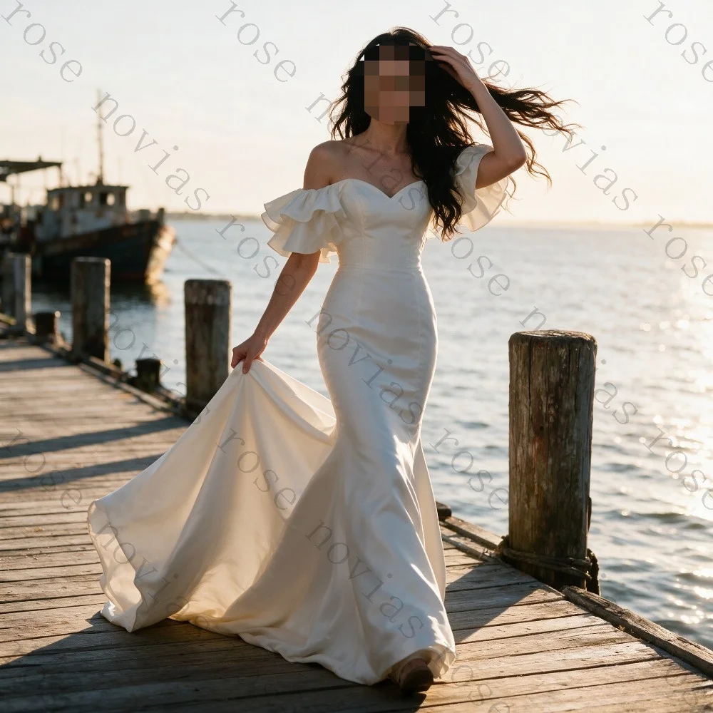 Customized Off Shoulder Lotus Leaf Sleeves Satin Mermaid Wedding Dresses 2026 Elegant Slim Fit Long Trailing Beach Bridal Gown