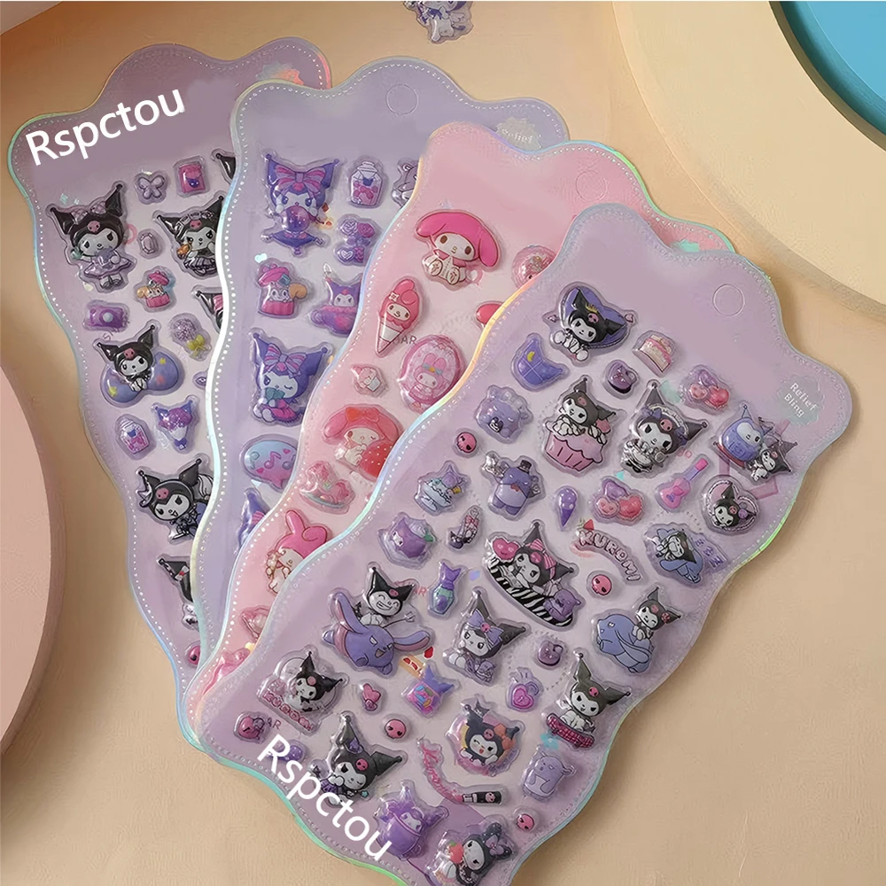 4 pçs sanrio dos desenhos animados kuromi minha melodia cinnamoroll 3d alívio adesivos bonito decoração adesivo diy portátil telefone recompensa decalques brinquedos