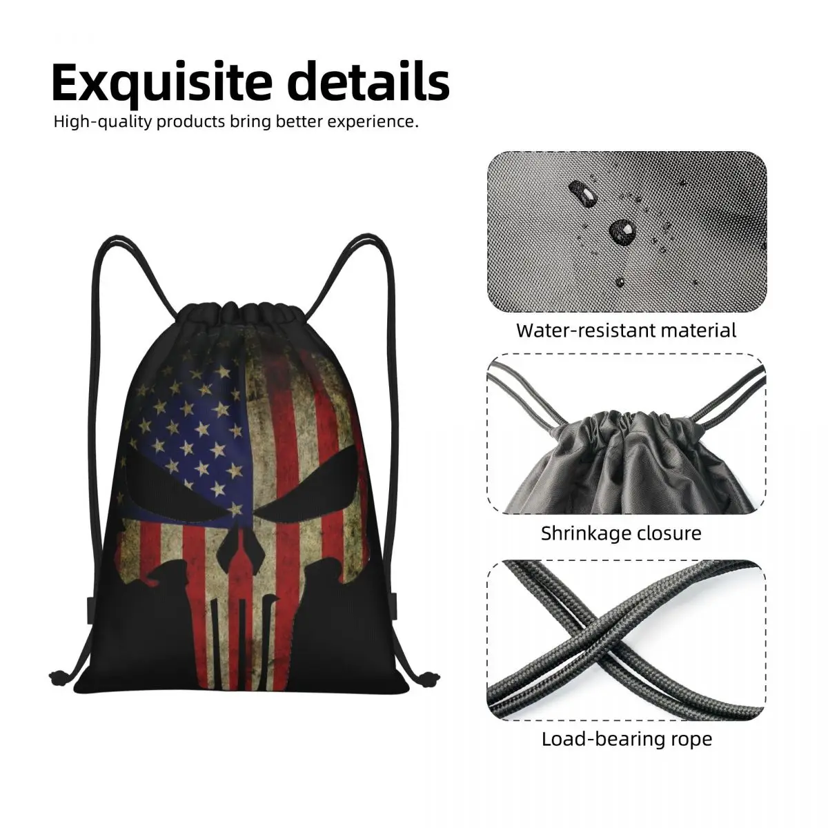 Mochila personalizada MSkull Punisher Drawstring para homens e mulheres, bandeira leve dos Estados Unidos, sacos de ginástica esportiva, sacos de ioga