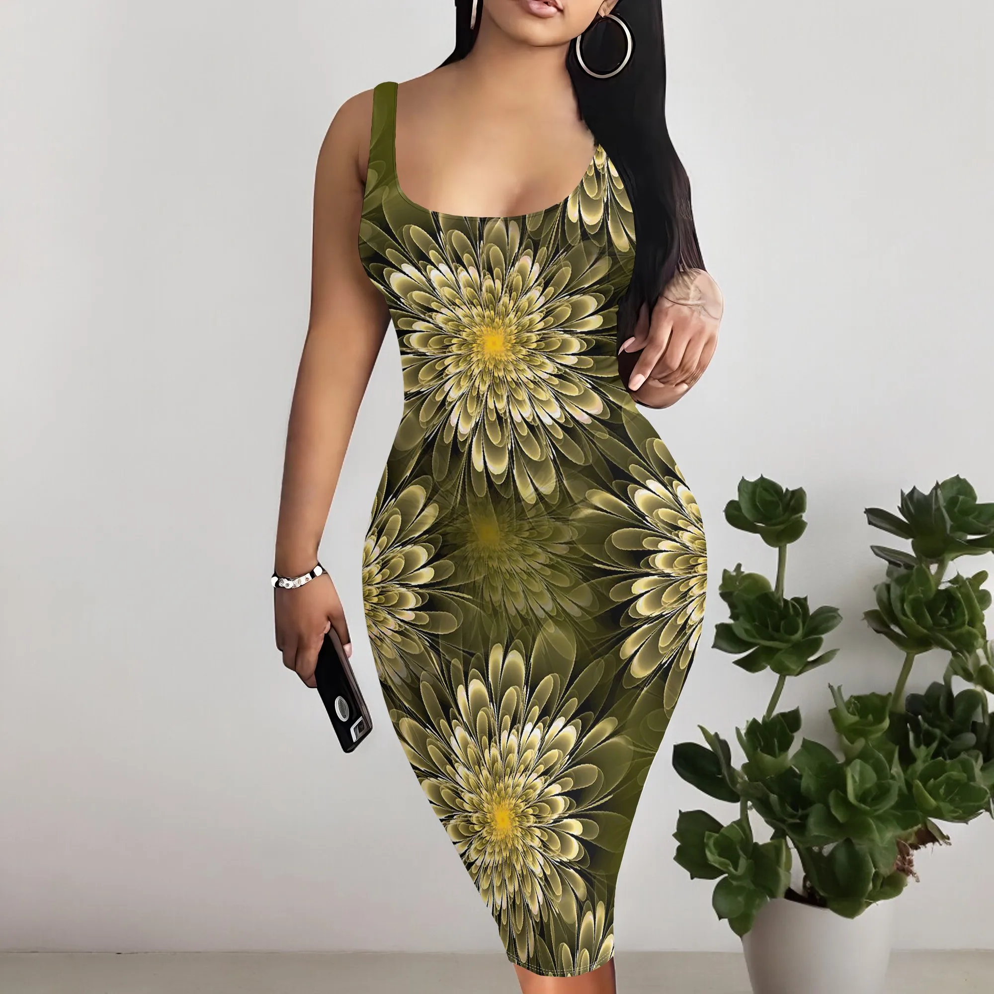 

Women's Floral Midi Dress Boho Sleeveless O-Neck Bodycon Dress for Casual Party Vacation Wear S-3XL