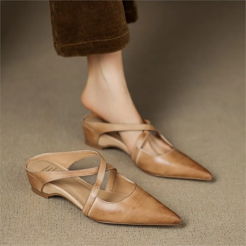 Retro washed leather pointed-toe cross-lace front-up high-heel summer sandals for women