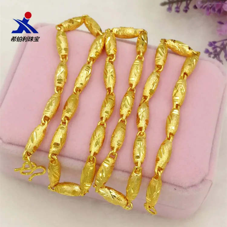 

24K Gold AU999 Solid Olive Bead Necklace Men's - Regular beads layout, heavy chain, matte texture, hand-polished, for gifting