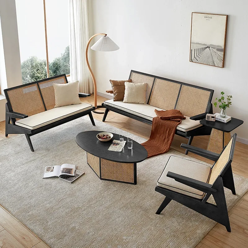 Rattan furniture, Japanese-style wabi-sabi wind solid wood rattan sofa combination, double seat, retro leisure chair