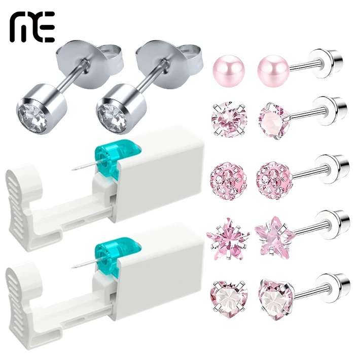 Disposable Ear Piercing Gun Kit Built-in Earrings Studs,Includes 10pcs Cute Star Pearl Ball Heart Screw Back Stud Earrings Set