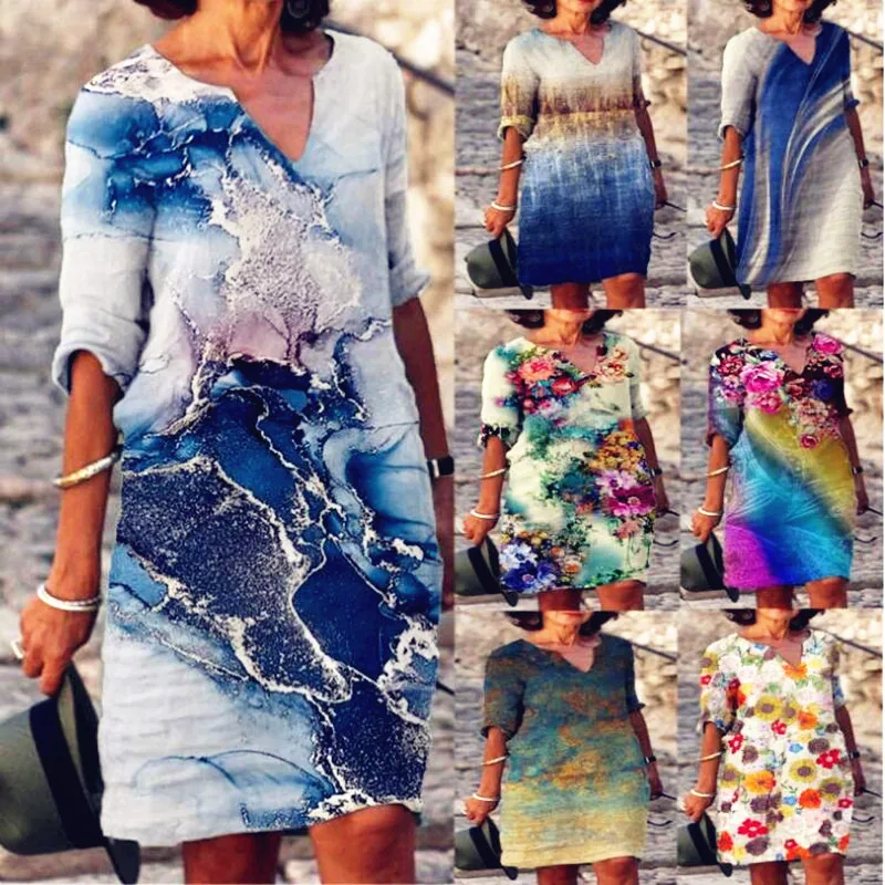 

Women New Loose Boho Vintage Summer Ruffles Befree Printed Dress Half Sleeve Spring Elegant Party Midi Dresses Plus Sizes