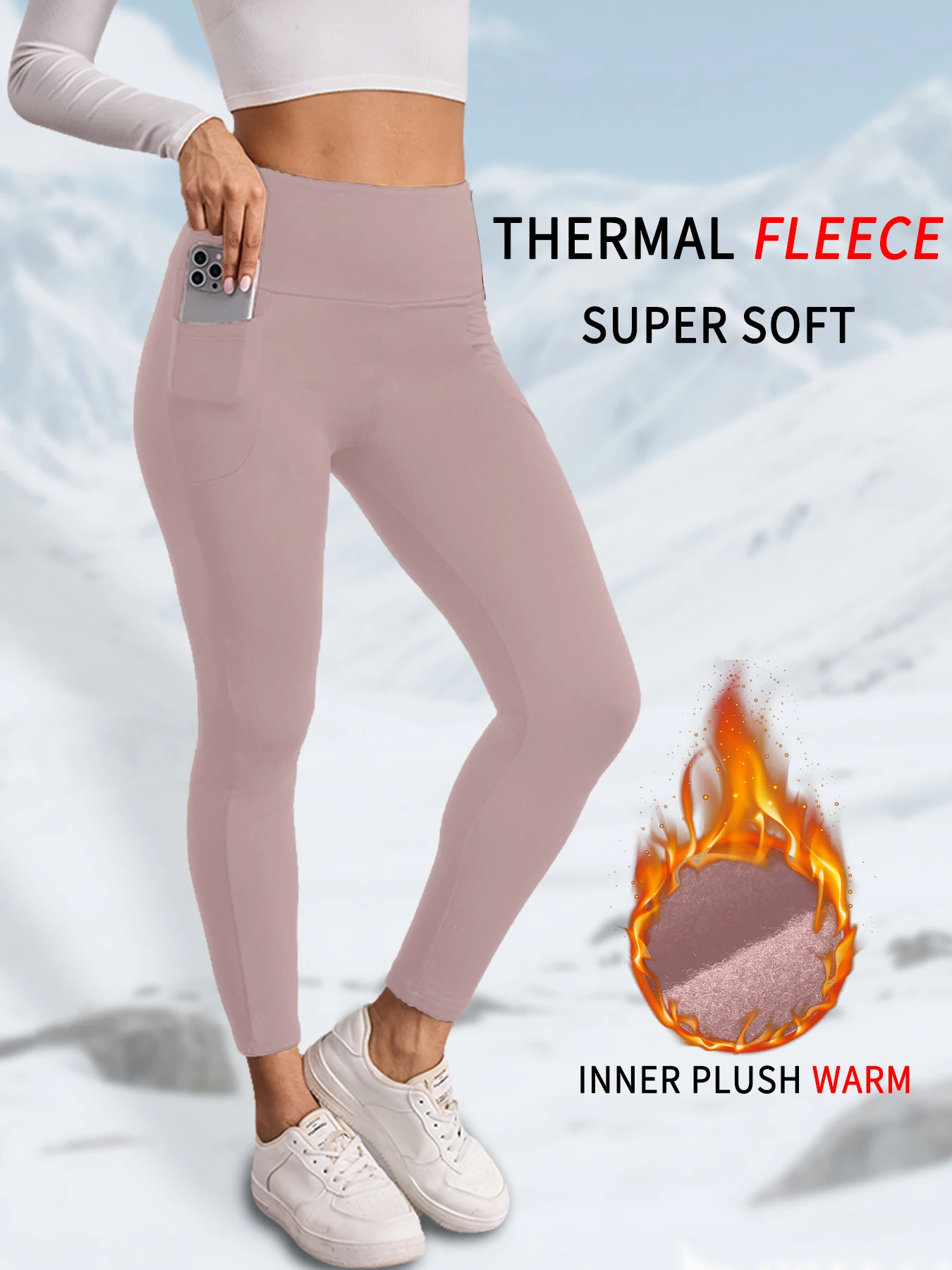 سراويل شتوية عالية الخصر مع جيوب للنساء - مبطنة بالصوف الحراري للتحكم في البطن، جوارب سميكة ودافئة للتمرين والجري #1