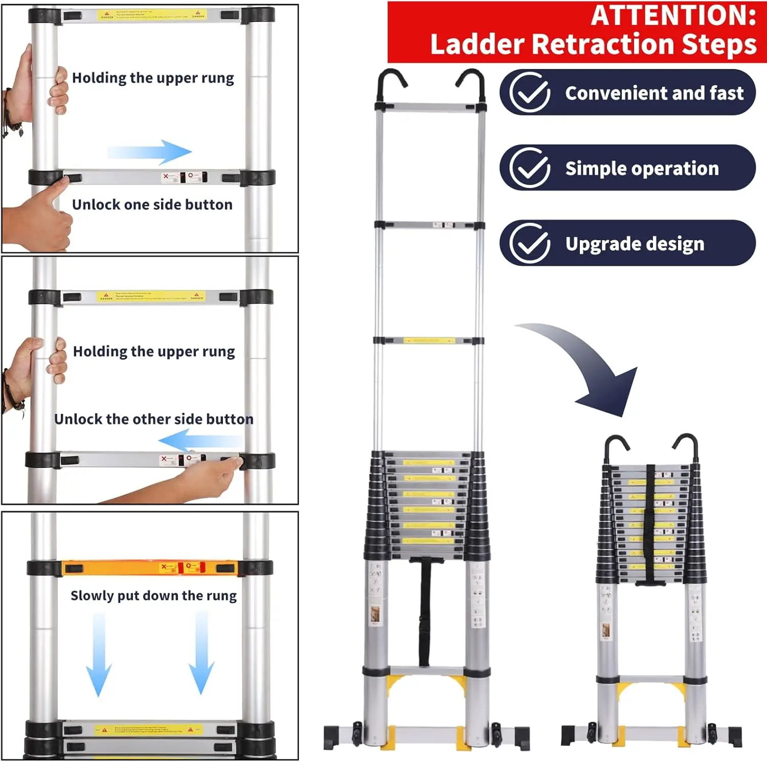 Telescoping Ladder with Stabilizer Bar Wheels and Hooks, Multi-Purpose Extension Ladder, Aluminum Folding Ladder
