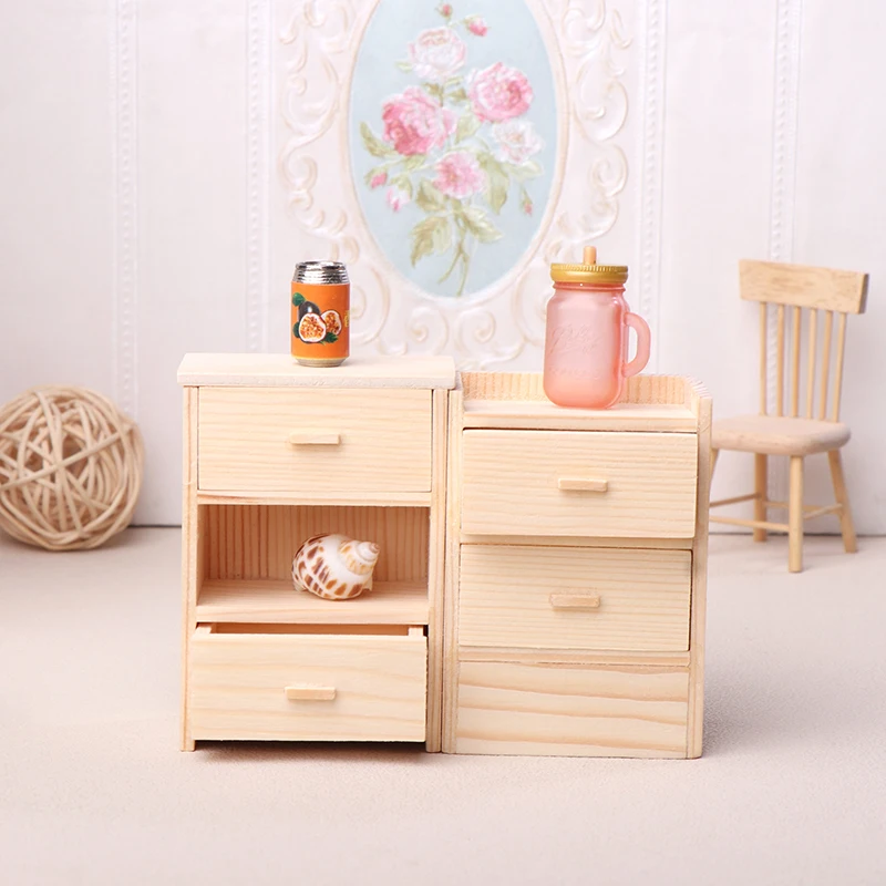 1:12 Dollhouse Miniature Bedside Table Double Drawer Cabinet Locker Cabinet With Drawer Model Bedroom Furniture Model Decor Toys