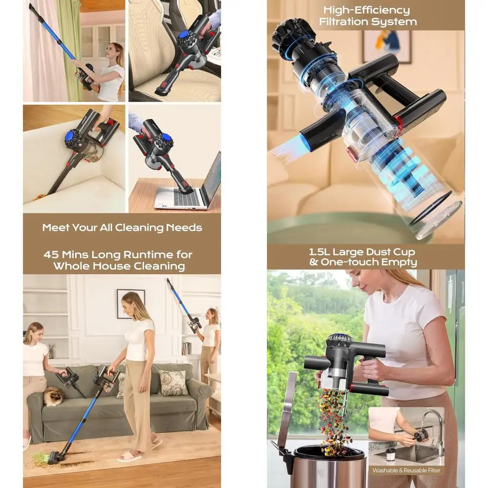 

Lightweight 450W 40KPA Cordless Vacuum, 45-Minute Run Time, Advanced Green Light Tech, Ideal for Pet Hair, Carpets, and Hardwood