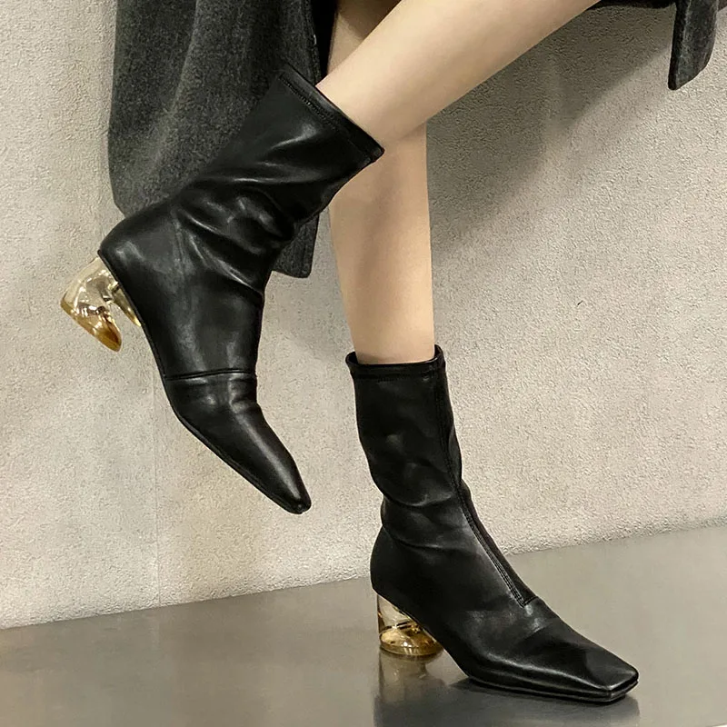 Fashion Elastic Women Short Boots Female Slip On Shoes New In Footwear Ladies Ankle Stretch Boots With Strange Heels Shoes