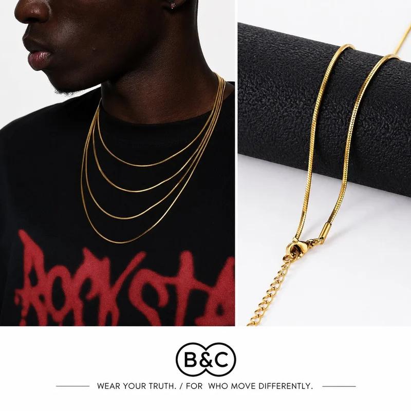 B&C Collar de Cadena de Serpiente Octagonal de Acero Inoxidable Color Oro de 1.2mm para Hombres y Mujeres, Accesorios de Joyería Hip Hop