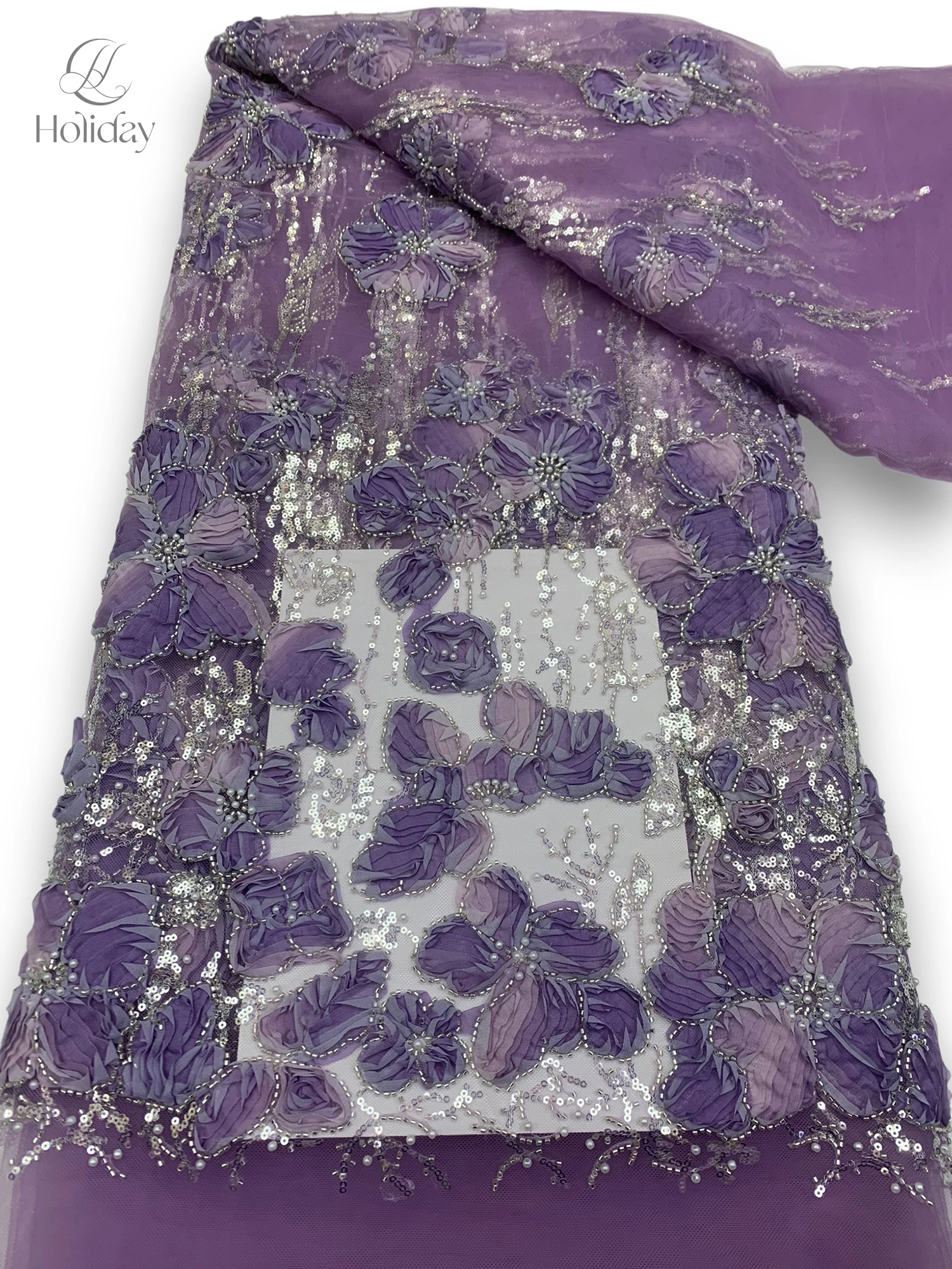 

3D Flower Sequins Lace Fabric, Floral Beaded Tulle Net Ribbon for Bridal Gown, Dress Making, sewing supplies & fabrics 2025 New