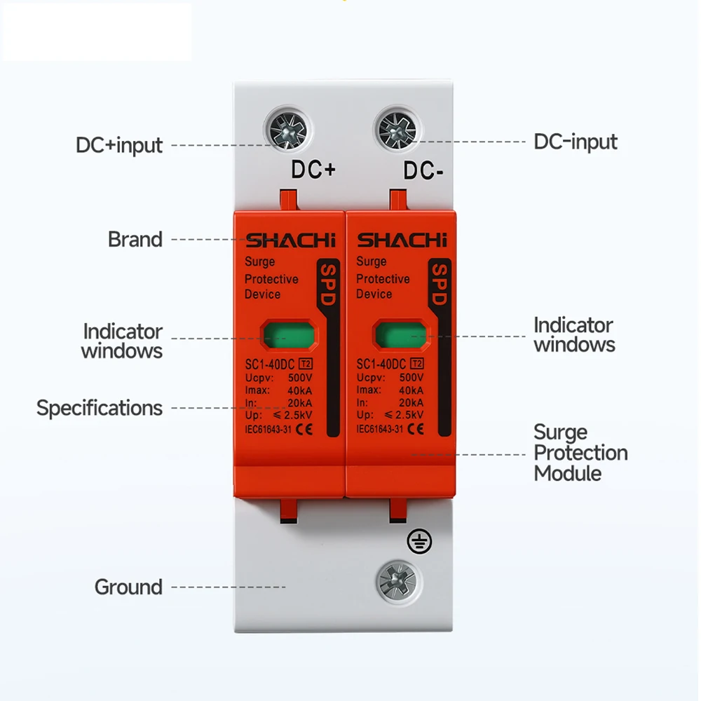 SHACHI SPD DC Surge Protector 2P 20KA 40KA 500V 600V 800V 1000V Lightning Protection Equipment for Household Solar Photovoltaics