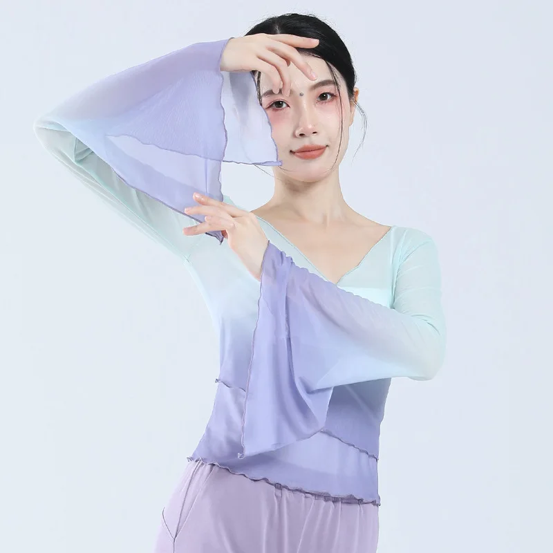 Classical Dance Mesh Top Flared Sleeve Gradient Ramp V Neck Elegant Women Modern Dance See Through Figure Skating Ballet Shirts