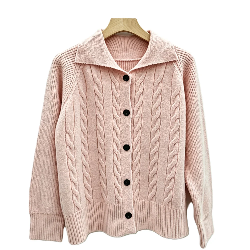 Women's Solid Color Lapel Fried Dough Twists Jacquard Knitting Cardigan Sweater Coat Suitable For Autumn And Winter Seasons
