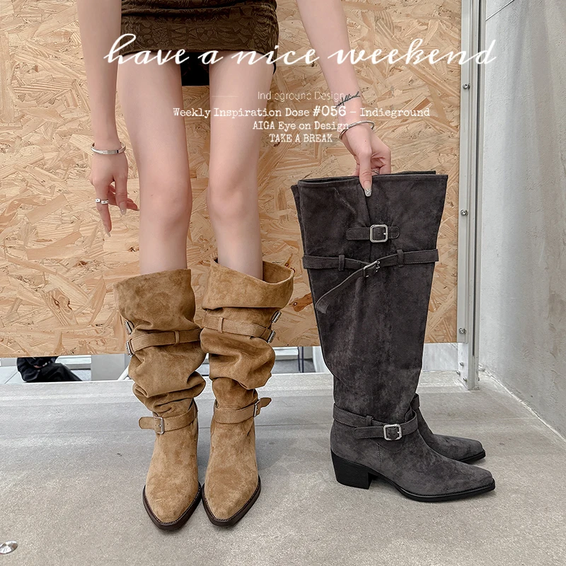 2026 autumn winter women knee-high boots 22-25cm stretch flannel pointed toe belt buckle thick heel Pile up boots long boots