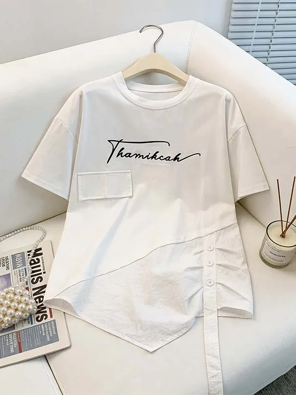 

Summer Casual Women's T-shirt plus Size Color Block Design Anti-Aging Fashionable Short Sleeve Korean Style Commute Wind