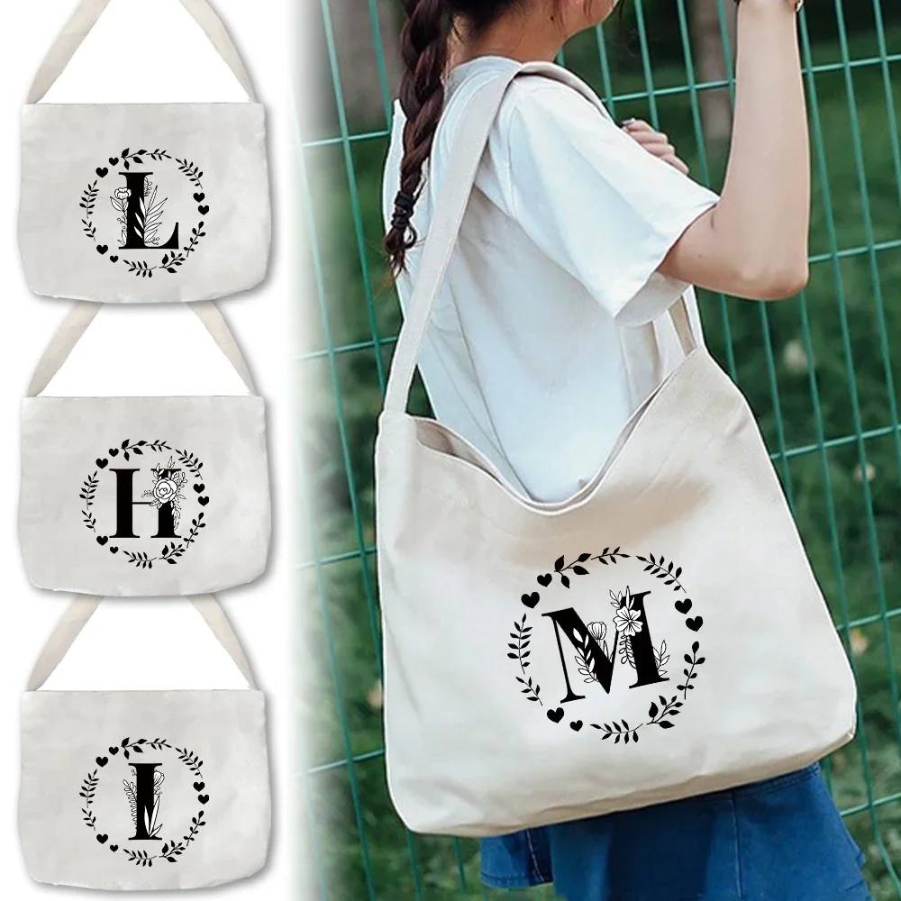 Women's Minimalist Canvas Shoulder Bags Portable Travel Handbag Garland Letter Series Large Capacity Storage and Storage Bag