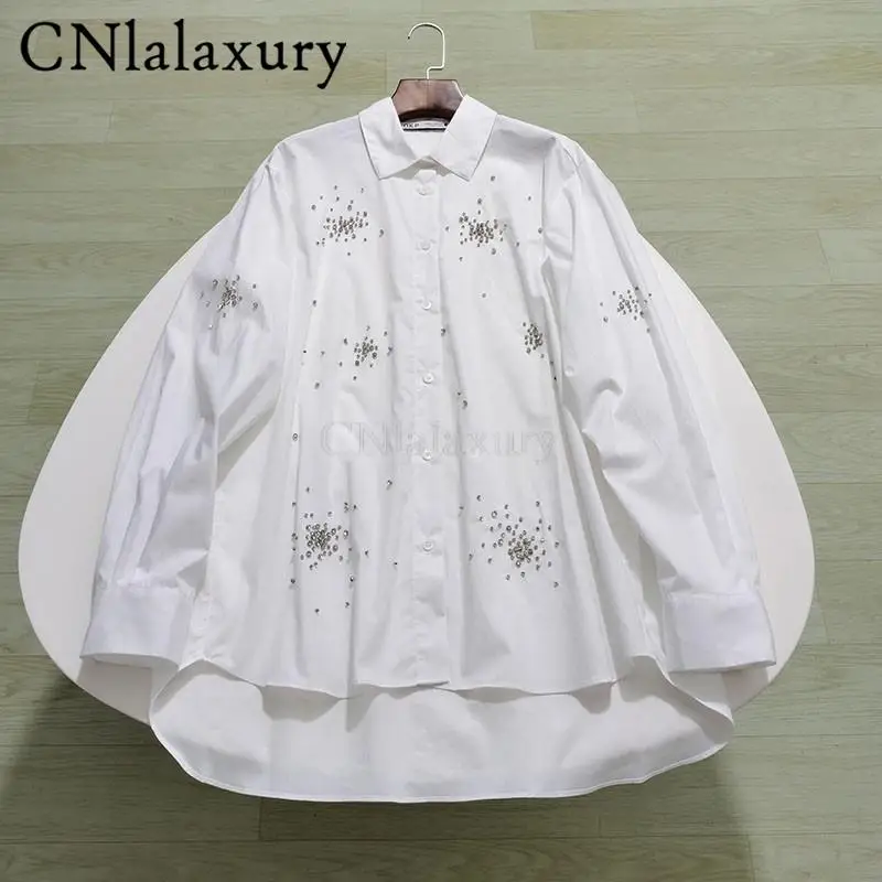 CNlalaxury 2024 Spring Summer Women New Loose Lapel Jewelry Decoration Shirt Comfortable Versatile Long Sleeved Blouse Tops