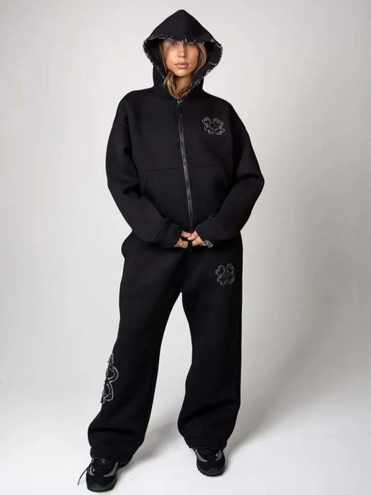New 2026 Fashion Olive Green Embroidered Zipper Hoodie & Pants Set, Men's Street Style Fashion Loose Casual 2-Piece Sportswear