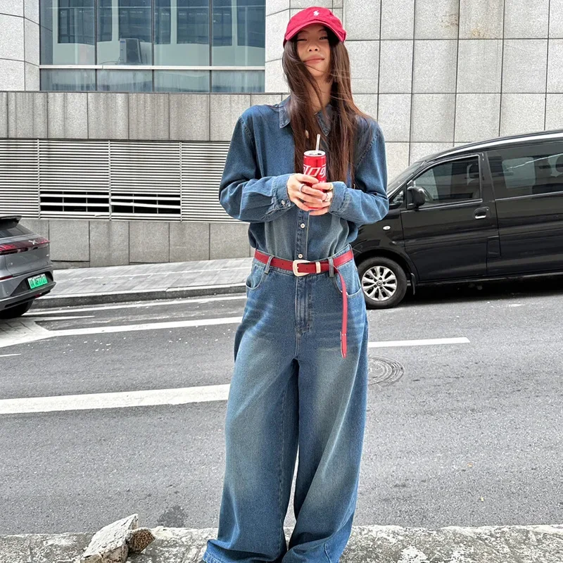 

Full Length Bleached Washed Jeans Women Wide Leg Pants Solid Loose Fit Basics Pockets High Waist Vintage Distressed 2025