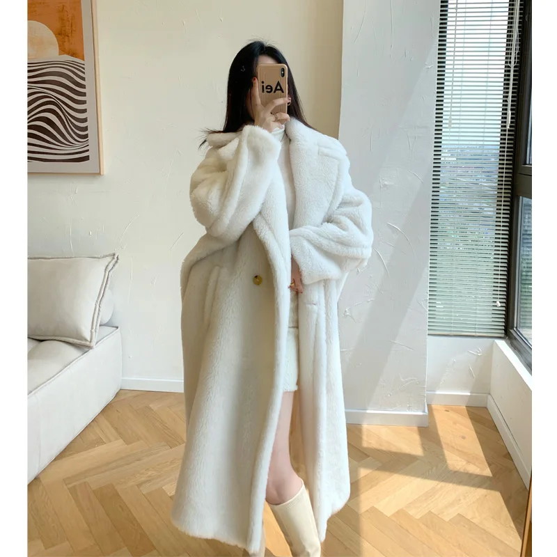 

2023 New Winter New Cream White Teddy Bear Coat Women Loose Silhouette Alpaca Fur Medium Long Jacket Teddy Fur Coats Female Clot