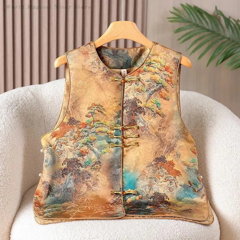 

Elegant Oriental Chinese Vest for Women Brocade Jacquard Sleeveless Waistcoat Traditional Tang Jacket Hanfu Costume Vintage Tops