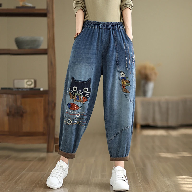 Aricaca Women's High Quality Fish Embroidered Retro Cotton Denim Jeans Women Casual Harem Pants