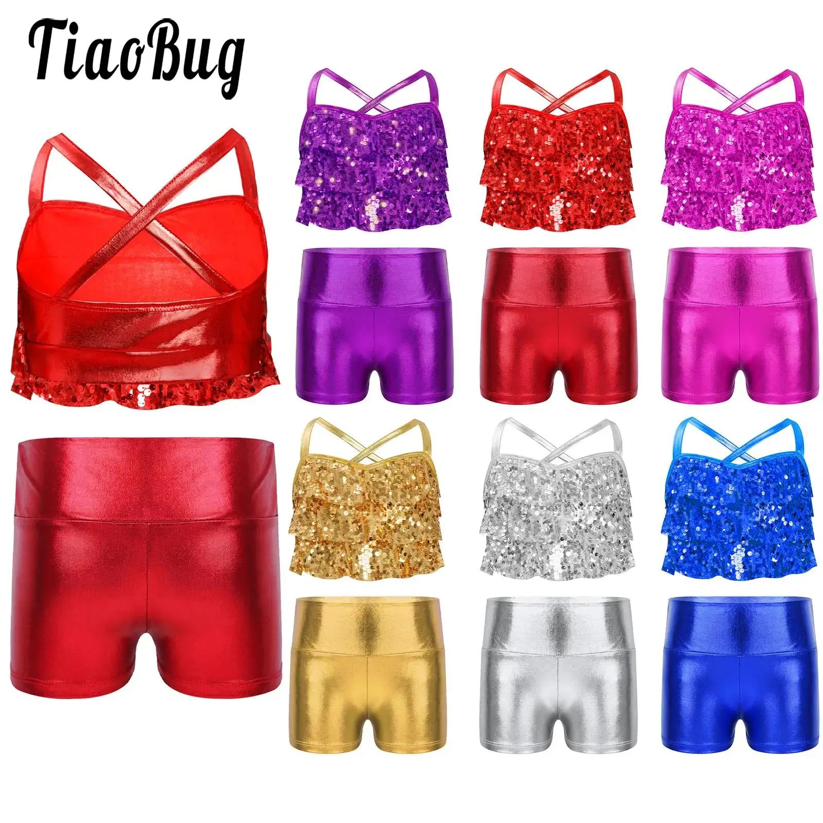 Kids Girls Jazz Dance Outfit Glittery Sequins Tiered Ruffles Crop Top Vest with Metallic Shorts Gymnastic Yoga Sport Ballet Sets